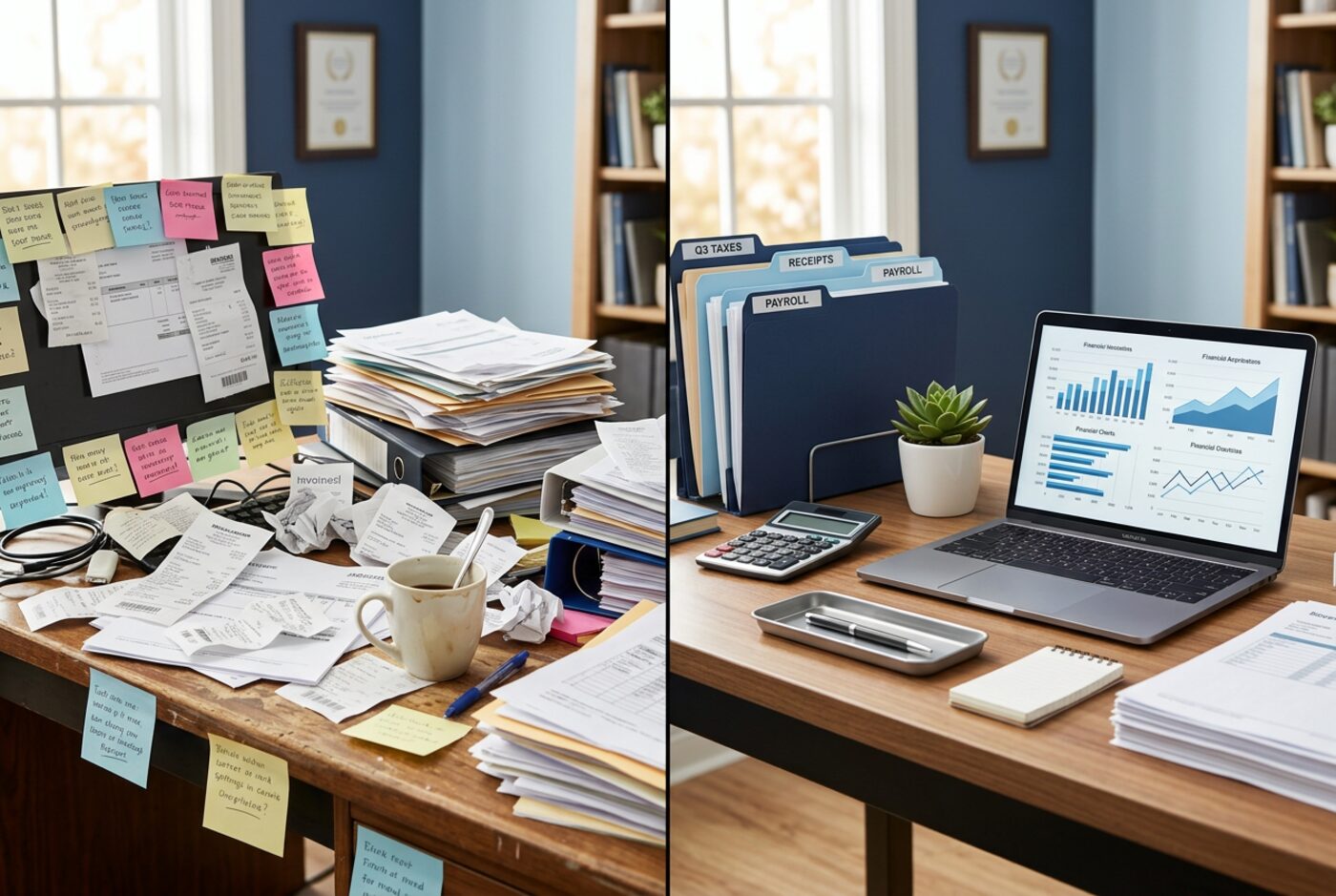 Side-by-side view of a cluttered desk covered in receipts and papers next to the same desk neatly organized with labeled folders and a laptop showing financial charts